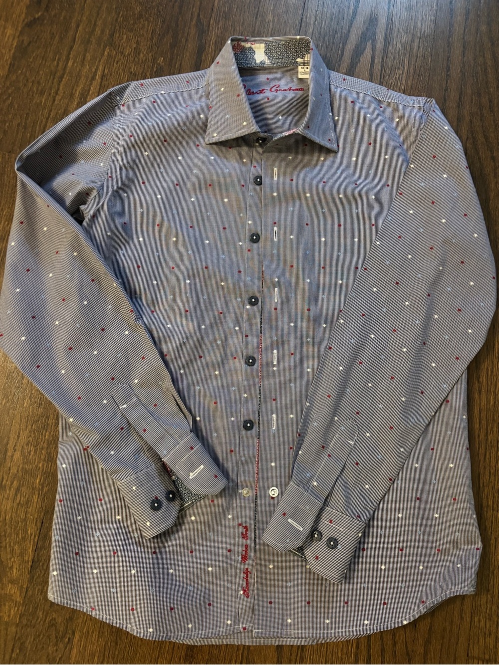 Robert Graham Blue Button-Down Shirt with Red & White Microdots